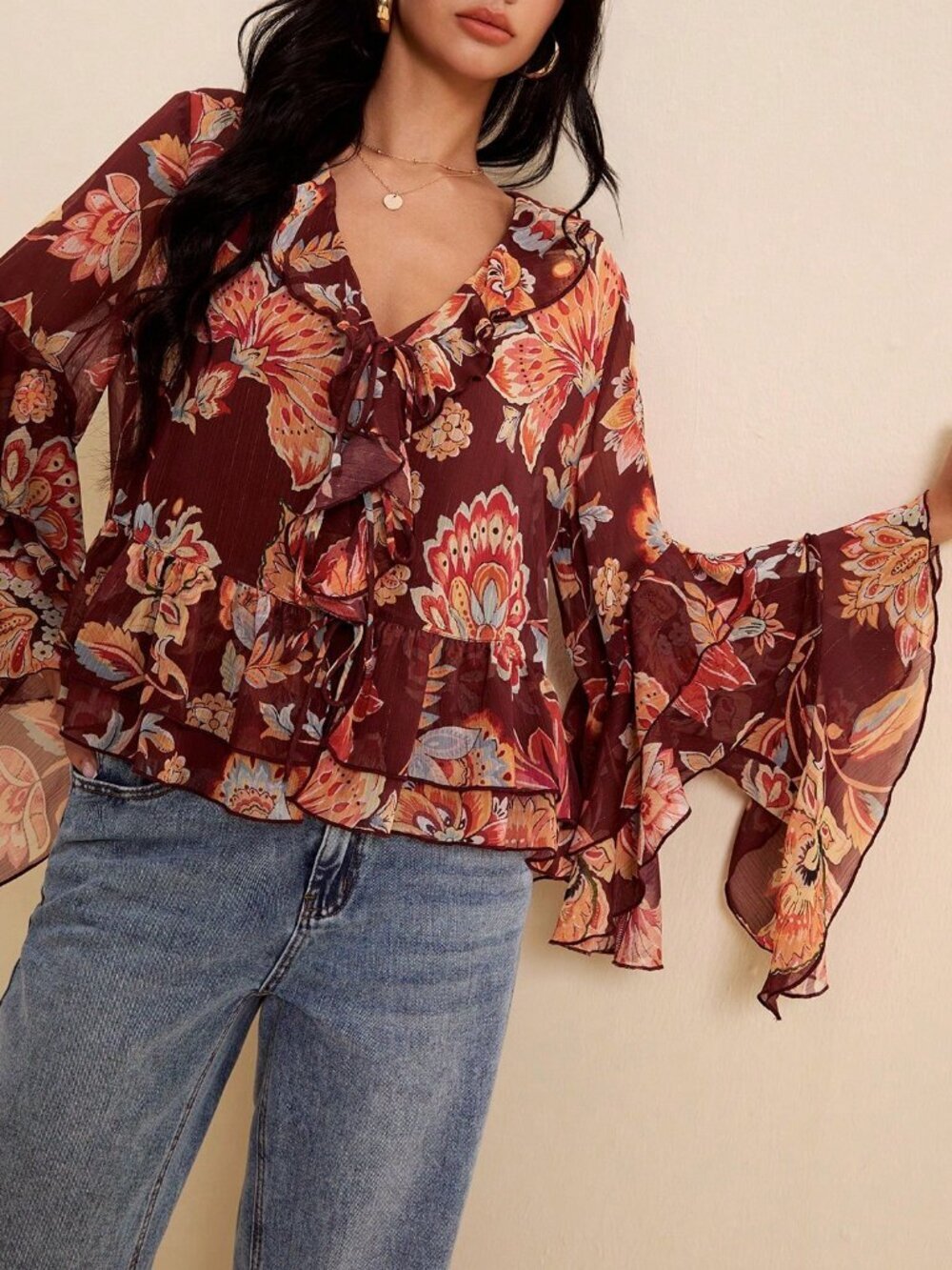 Multicolor Boho Women's All-Over Print V-Neck Ruffle Hem Blouse - Picture 4 of 5